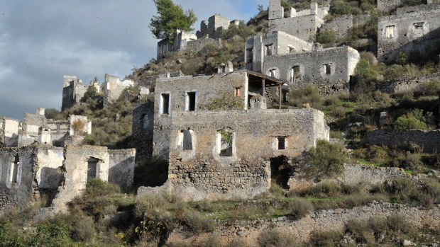 <b>Location: Turkiye – Kayakoy</b><br><br>
This village not far from Fethiye became a ghost town at the end of the Greco-Turkish war in the 1920s after a population exchange between the two countries. An earthquake in 1957 then damaged many of the town's empty buildings.<br><br>
(Photo by: Andia/Universal Images Group via Getty Images)
