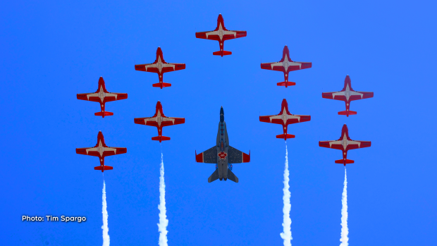 The Snowbirds and CF-18 during the fly-past over Lebreton Flats in Ottawa on Canada Day, July 1, 2024. (Tim Spargo/CTV Viewer)